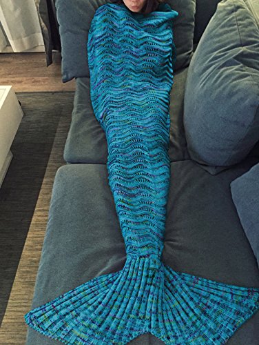 iEFiEL Meerjungfrau Fischschwanz Flosse Kuscheldecke Kuschelige Decken Handgemachte Gestrickte Sofadecke Tagesdecke Blanket Kostüm Decke Für Kinder Erwachsene (Erwachsene Größe, Azurblau) - 3