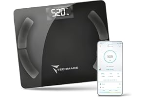 TECHMADE Personenwaage Digitale Waage Impedentiometrische Intelligente Wireless für iOS und Android mit Indizes zur Messung von Fettmasse, schlanke Masse und Basal-Stoffwechsel, Farbe Schwarz