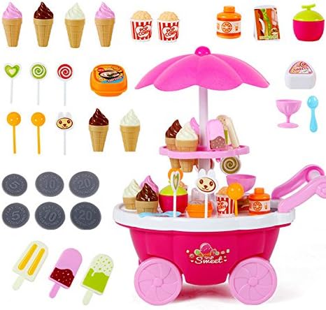 szwanju Ice Cream Trolley Toy,Candy Ice Cream Trolley Shop Pretend Play Set 39PC