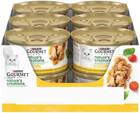 GOURMET NATURE'S CREATIONS Cibo Umido per Gatti Adulti Filettini con Pollo guarnito con spinaci e pomodori 12 lattine da 85g