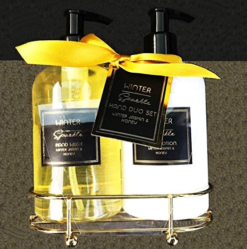 2 Piece Ladies Lovely Hand Wash &amp; Hand Lotion Set In Gold Wire Gift Rack and Yellow Gift Ribbon- Best Gift Ideal for your love ones Family or Friends