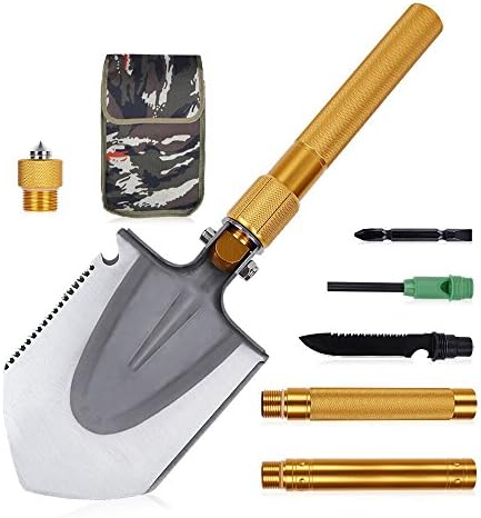Ruipye Portable Military Folding Shovel, Multifunctional Collapsible Tactical Entrenching Tool Gardening Snow Army Camping Shovel with Carrying Pouch for Camping Backpacking Hiking-31Inch Golden