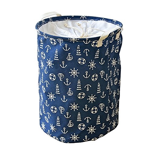 gossipboy Mediterraner Stil Groß Rund Leinen & Baumwolle Stoff Wäschekorb, zusammenklappbar Korb Kleidung Organizer Storage Müllbeutel-43,2 x 33 cm blau