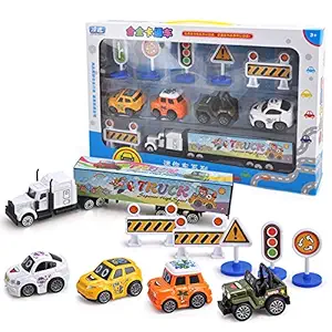 EDTara Kids Cartoon Shape Pull Back Alloy Cars Toys Set Cartoon Alloy car [Scene Set] B