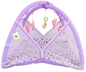 Toddylon New Born Baby Boys & Baby Girls Printed Bedding Set Play Gym Mosquito Net Bed with Hanging Toys & Pillow (0-6 Months Purple Dark Apple)