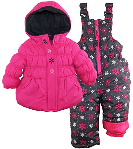 Pink Platinum Baby Girls Snowflake Printed Two Piece Snowsuit Ski Bib Pant Set, Pink Glo, 12 Months