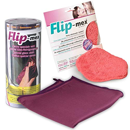 BioMex Kit Panno VETRI, pulisce Solo con Acqua + Panno Spugna Antibatterico Flip-Mex. Microfibra con Nano-Argento. Superassorbente, Pulizia di Tutte Le superfici