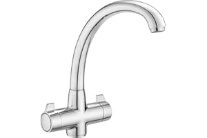 JASSFERRY Chrome Monobloc Mixer Tap for Kitchen Sink Swivel Spout Twin Dial Lever Handles Ceramic Valve Cartridge