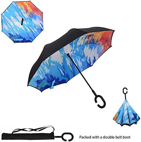 Asiki Windproof Reverse Folding Double Layer Inverted Umbrella with C shape Handle, Self Standing, Inside Out , Hand Free, Variety colors (Color paiting)