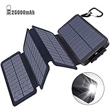 Oxsaytee Batterie Externe 25000mAh Power Bank Solaire, Chargeur Solaire avec 2 Entrées(4 Panneaux Solaire & USB) 2.1A 2 Ports Haute Vitesse, Lampe LED et Crochet pour iPhone iPad Samsung et Autres