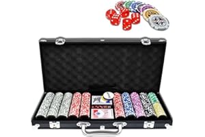 YUENFONG Zestaw do pokera, czarny z 500 wysokiej jakości laserowymi żetonami do pokera, w zestawie: 2 talie, 5 kostek, 1 przycisk krupiera, 2 klucze, na imprezę, podróż, do gry, Czarna walizka