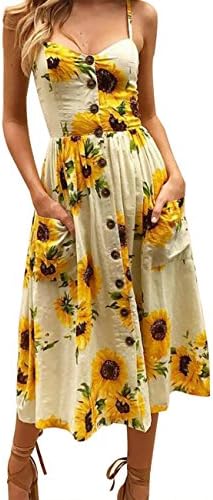 UR Angel Women's Summer Floral Bohemian Sleeveless Strap Button Down Swing Midi Dress With Pockets