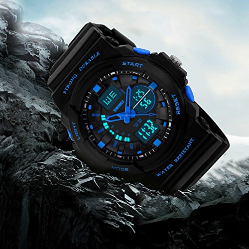 Kinderuhr-Jungen-Mdchen-Sport-Armbanduhr-Digital-Analog-50M-Wasserdicht-Wecker-Dual-Display-Zeitzone-Datum-Uhr-Chronograph-Multifunktion-Outdoor-Stoppuhr-mit-Schwarz-Gummiband