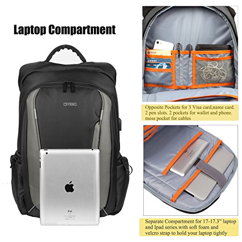 DTBG 17,3 Zoll Laptop Rucksack mit USB Port Nylon Rucksack Reise Rucksack Wasserdicht Rucksack für 17 – 17,3 Zoll HP / Dell / Asus / Lenovo / Männer / Frauen (Schwarz) - 3
