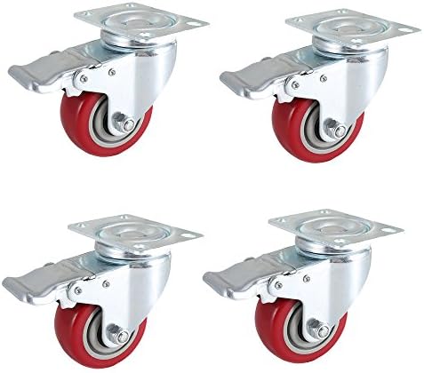 DICASAL 3" Swivel Casters with Brakes, Heavy Duty Plate Casters No-Marking Quiet Red PU Castor Load upto 1200 Lbs Pack of 4.
