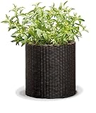 Su elegante diseño de acabado ratán hace de esta maceta el complemento ideal para su jardín.