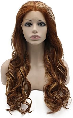 Long Wavy Blonde Highlight Auburn Synthetic Lace Front Wig Natural