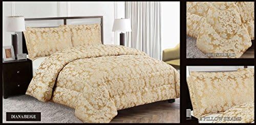 3PC Luxurious Diana Heavy Jacquard Quilted Bedspread Comforter Set (King Bed, Diana Beige)