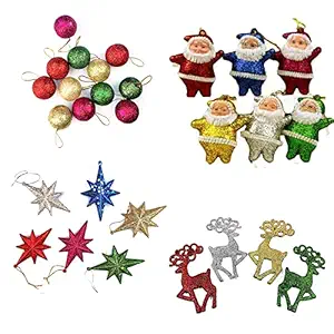 Forty Wings 30 Pcs Glitter Reindeer,Stars,Santa Claus,Multi Balls Combo Tree Hanging Ornaments Christmas Xmas Tree Decoration for Xmas Christmas Decoration Craft
