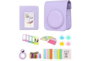 Berfea Funda Protectora Kit para cámara Compatible con Fujifilm Instax Mini 12, con Bolsa de Hombro,álbum de Libros, calcomanías, Filtro de Colores, Marco de decoración de Pared, Lente Selfie,Morado