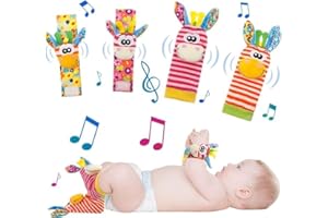 WILLOWS CASTLE Foot Finder Socks & Wrist Rattles - Newborn Sensory Toys for Baby Boy or Girl - Brain Development Infant Toys - Hand and Foot Rattles Suitable for 0-3, 3-6, 6-9, 9-12 Months Babies (Pink)