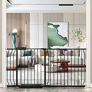 HOOOEN Walk Through Baby Gates Extra Wide for Stairs Doorways Auto Close Tension Black Metal Child Pet Safety Gates with Pressure Mount 62-67 Inch