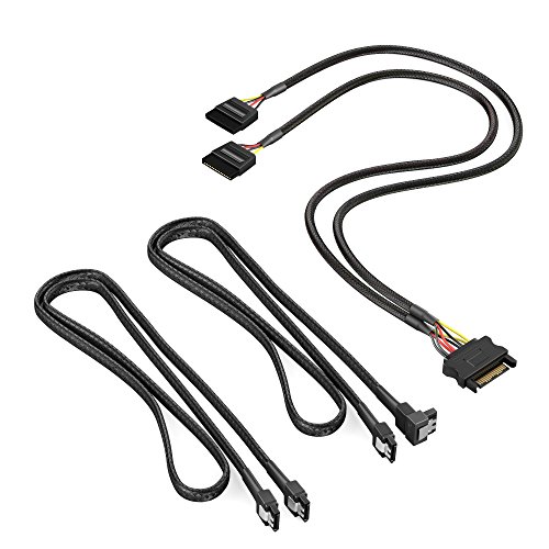 KabelDirekt 15-Pin SATA auf 2x 15-Pin SATA Stromkabel 30 cm + 7-Pin SATA 3 Datenkabel 6 Gbit/s 90° gewinkelt 60 cm + 7-Pin SATA 3 Datenkabel 6 Gbit/s 60 cm
