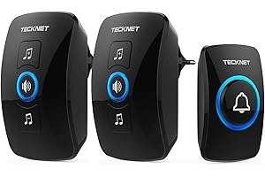 TECKNET Funkklingel, Kabellose Türklingel Funk Set, IP65 Aussen Wasserdicht Haustür Klingel mit 2 Plug-In-Empfänger, 60 Melodien, 5 Lautstärkestufen, 400m Reichweite, Steckdosen-Funkklingel Kit