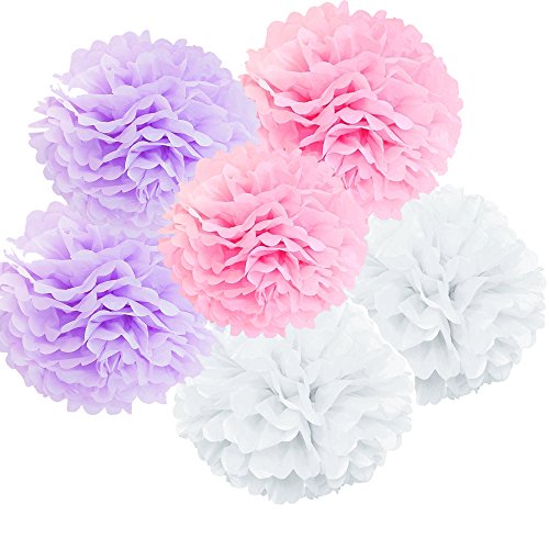 Freedom-vp Papier Pompom 9er 15cm/20cm/25cm Mixed DIY Papier Blumen PomPoms Zum Aufhängen Seidenpapier schöne Dekor für Geburtstag Hochzeitsfest Basteln Babyshower Dekoration Feier Party Baby-Duschen Brautduschen Wohnungdeko (Weiß-Pink-Hell Violett)