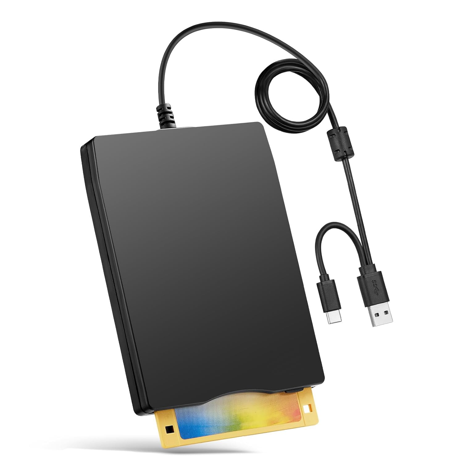 3.5" USB External Floppy Disk Drive, 1.44 MB Portable FDD for PCs and Laptops, Compatible with Various Operating Systems, Includes 5pcs Adhesive Black Hook and Loop Tape (Black)