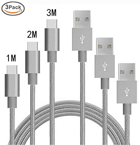 USB Type-C Kabel Nylon-lebenslange Garantie-TUOYA USB-C Ladekabel auf USB3.0 mit Nylon, Daten & Lade Type-C Datenkabel mit Aluminium Stecker für Samsung Galaxy S8 / S8 Plus, LG G5, Lumia 950xl/950, Nexus 5x/6p, OnePlus 3, und andere Type-C unterstützte Geräte (3pack-1m+2m+3m, Grau)
