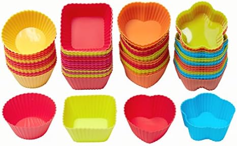 72 Pieces Muffin Cupcake Baking Moulds Silicone Baking Cups Assorted Colours and 4 Different Shapes