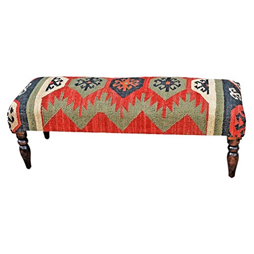 Homescapes Upholstered Kilim Bench Footstool or Rectangular Coffee Table Multi Coloured Handmade Solid Wood Frame with Traditional Hand woven Wool Rug Cover
