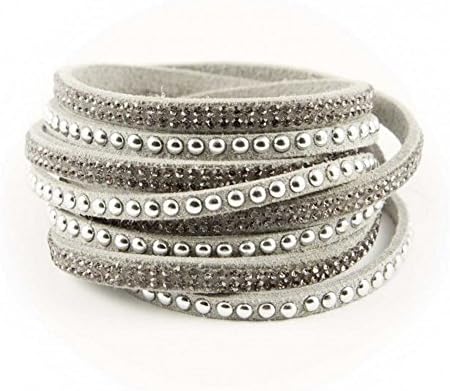 Faux Suede Wrap Infinity Bracelet Silver Crystals &amp; Silver Studs (Grey)