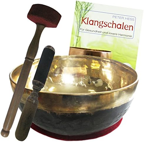 Peter Hess Singing Bowl Bengali 4-Piece Set with Book. Gold/Black Bengali XXL Therapy Singing Bowl | Approx. 5000 5200G Approx. 36/38 cm Diameter. 70150 59/Sound Therapy Set with Cushions – Wooden Leather Beater and Book: Singing Bowls for the health and Inner Harmony.