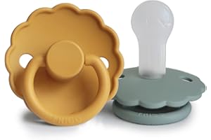 FRIGG Daisy Silikonowy smoczek, 2 sztuki, symetryczny smoczek w kształcie wiśni, nie zawiera BPA, wyprodukowano w Danii, silikonowy smoczek, (Honey Gold/Lily Pad, rozmiar 2 (6-18 miesięcy))