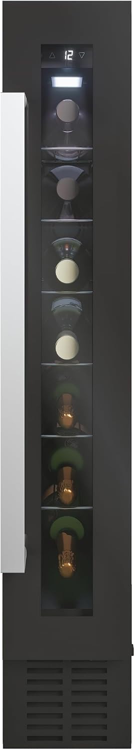 Candy DiVino CCVB 15/1, Vinoteca Integrable Estrecha, 20L, 7 Botellas, Puerta Reversible, 6 Baldas, Tratamiento Anti-UV, Compresor Antivibraciones, LED, Temperatura 5º a 18º, 39DB, Clase C, Negro