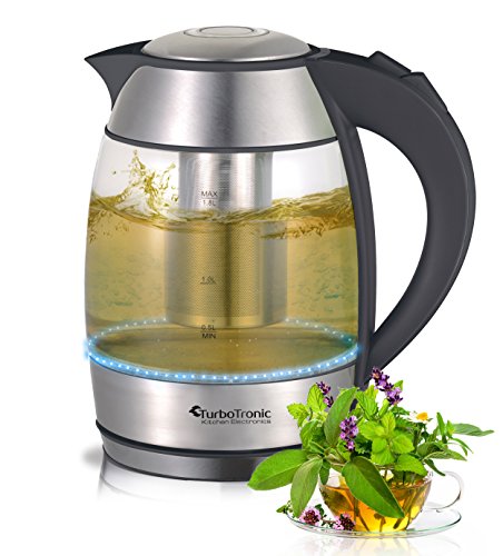 TurboTronic Wasserkocher 2200 Watt mit Teesieb (herausnehmbar) aus Edelstahl und blauer LED Beleuchtung, 1,8 Liter / BPA frei / Glas-Wasserkocher kann jederzeit ohne Teefilter verwendet werden, verdecktes Heizelement - 6