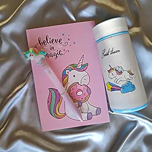 Bottle Combo Pack With Unicorn Diary & Pen unicorn edition For Girls And Kids, Best For Birthday Gift And Personal Use (Random color)