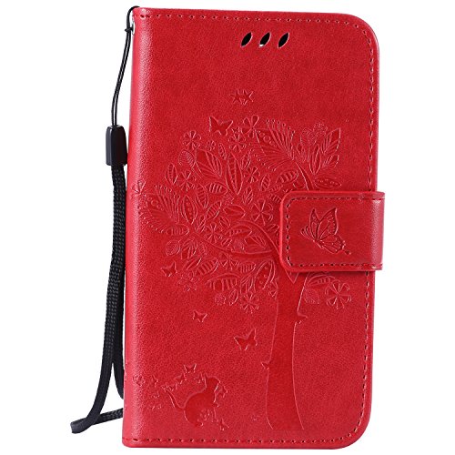 LG K4 Hülle Rote im Retro Wallet Design,Cozy Hut LG K4 Hülle Leadertasche Premium Lederhülle Flip Case im Bookstyle Folio Cover Kartenfächer Magnetverschluss und Standfunktion Leder Schale Etui für LG K4 (4,5 Zoll) Handytasche Schutzhülle Katzen und Bäume Muster - Rote