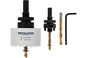 Mollom (63.5mm | 2-1/2") HSS M42 with 8% cobalt BI-Metal Hole Saw with 2 Pilot Drill Bits & Arbor Smooth Cutting for PVC,Drywall,Wood,Plastic,Gypsum Board,Rubber