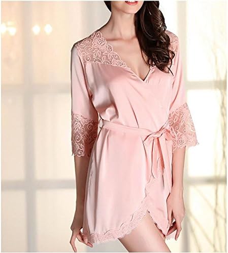 HXQ Women's Robes Satin Pure Colour Short style with Oblique V-Neck Bathrobes Pajamas , pink