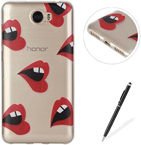 Feeltech Huawei Honor Y6 II/Huawei Honor 5A case,Flexible Ultra Thin Soft Gel TPU Silicone Rubber Case with Funny Cute Design Pattern Shock-Absorb and Anti-Scratch Protective Premium Clear Bumper Skin Back Cover Drop Protection Lightweight Transparent Case [Free 2 in 1 Stylus] for Huawei Honor Y6 II/Huawei Honor 5A - Lips