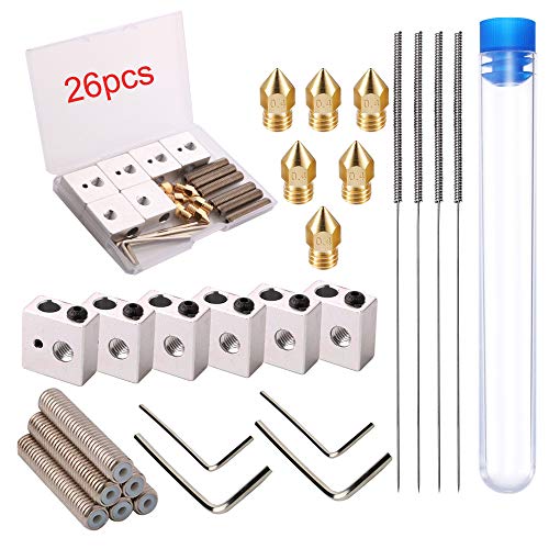 6x30 mm boquillas de extrusión de latón,0,4 mm + 6x bloque de calentador de aluminio,6x boquilla de teflón garganta, Kit de limpieza de boquilla?para MK8 Makerbot Anet A8 Impresora 3D