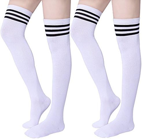 Women Stripe Tube Dresses Over the Knee Thigh High Stockings Cosplay Socks 2-pair (White+white)