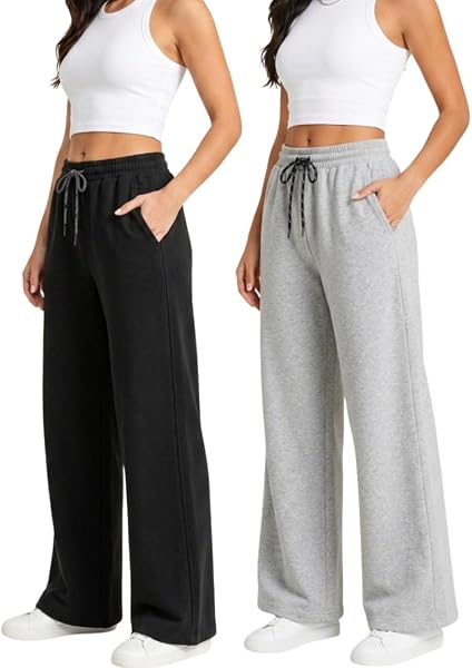 Stylbase Women’s Wide Leg Combo Track Pants – Elastic Drawstring Waist – Soft Breathable Cotton Relaxed Fit Lounge & Travel Trousers for Women & Girls (Pack of