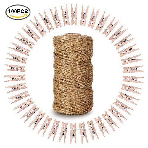 Holzwäscheklammer 100 Stück Mini Clip Wäscheklammer Klammern Für Fotos Kleiderroller und Pinnwandzettel mit 100M Jute Twine