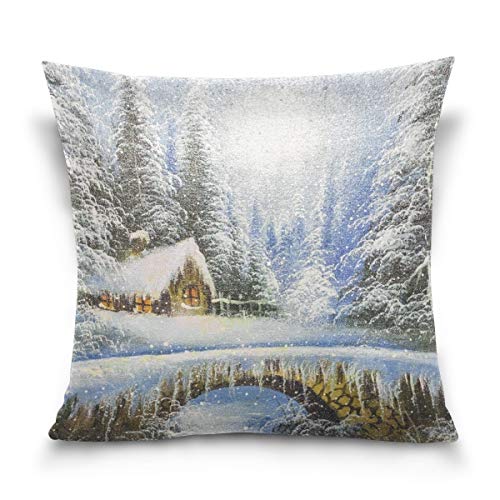CrownLiny Winter Landscape Painting Christmas Square Throw Pillow Case Cotton Velvet Cushion Cover 18' x 18'