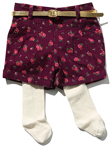 M&Co Baby Girls Cute Pretty Ditsy Floral Print Casual Corduroy Shorts With Cream Tights And Gold Belt Berry Red 9/12 Mnths