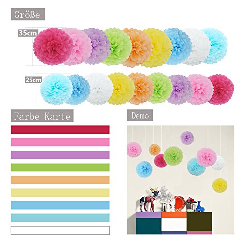 Feelshion 18x Seidenpapier Farbig Pompons Set als Geburtstag Kindergeburtstag Hochzeit Gartenparty Dekoration - 2